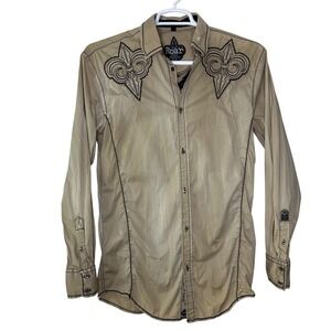 ROAR Button Up Shirt Men Medium Tan Long Sleeve Embroidered Western Cowboy Rodeo